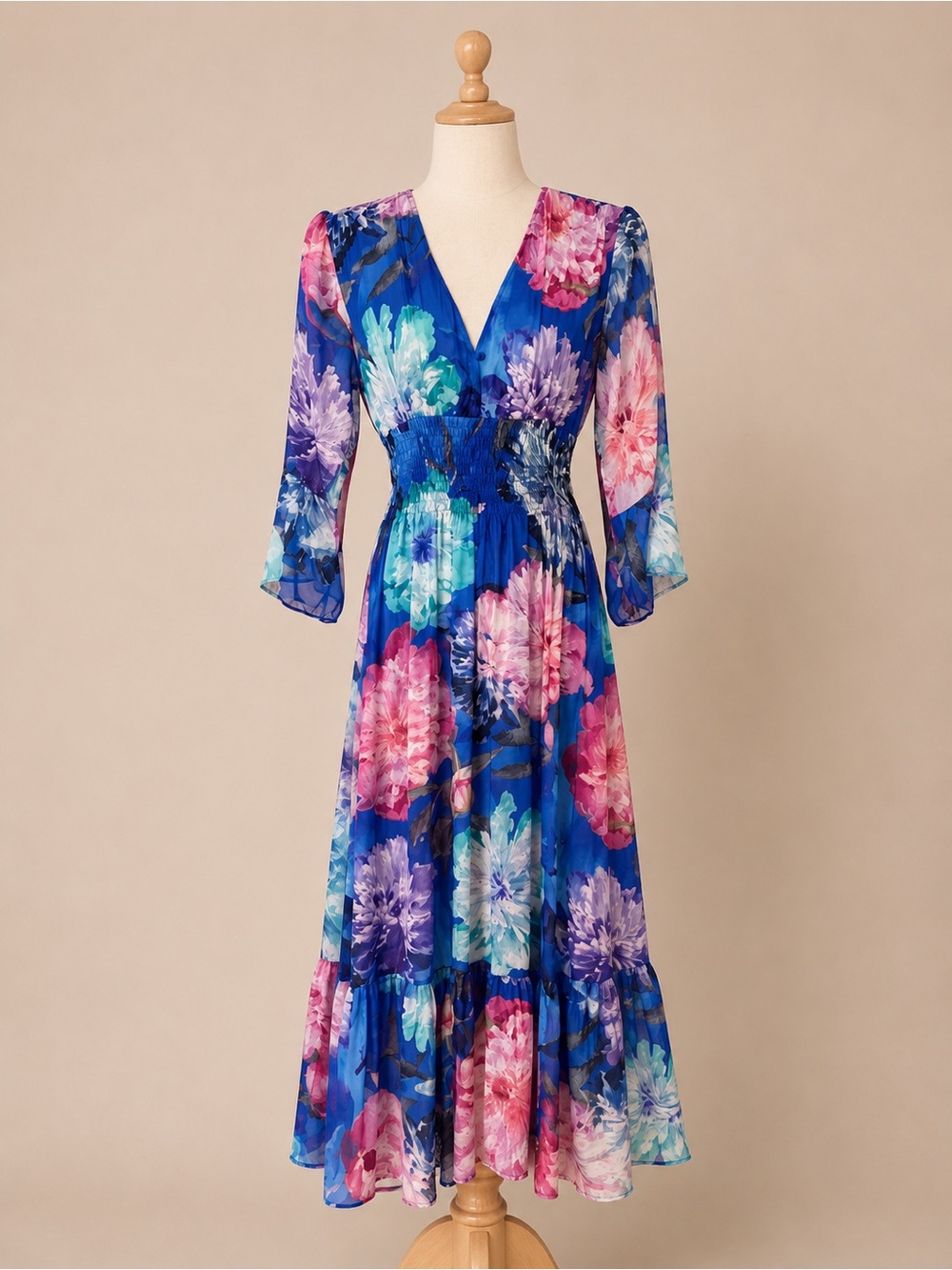 Made in Italy Blue Floral Maxi Dress | Smocked Waist | Boho | One Size